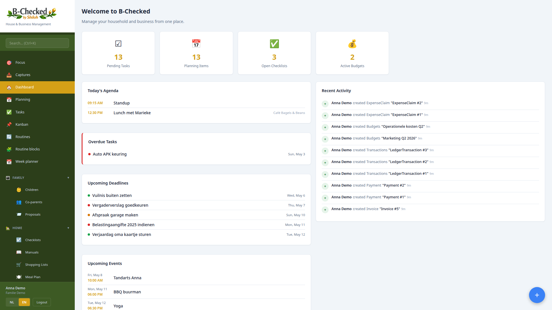 Dashboard with overview of planning, tasks and routines