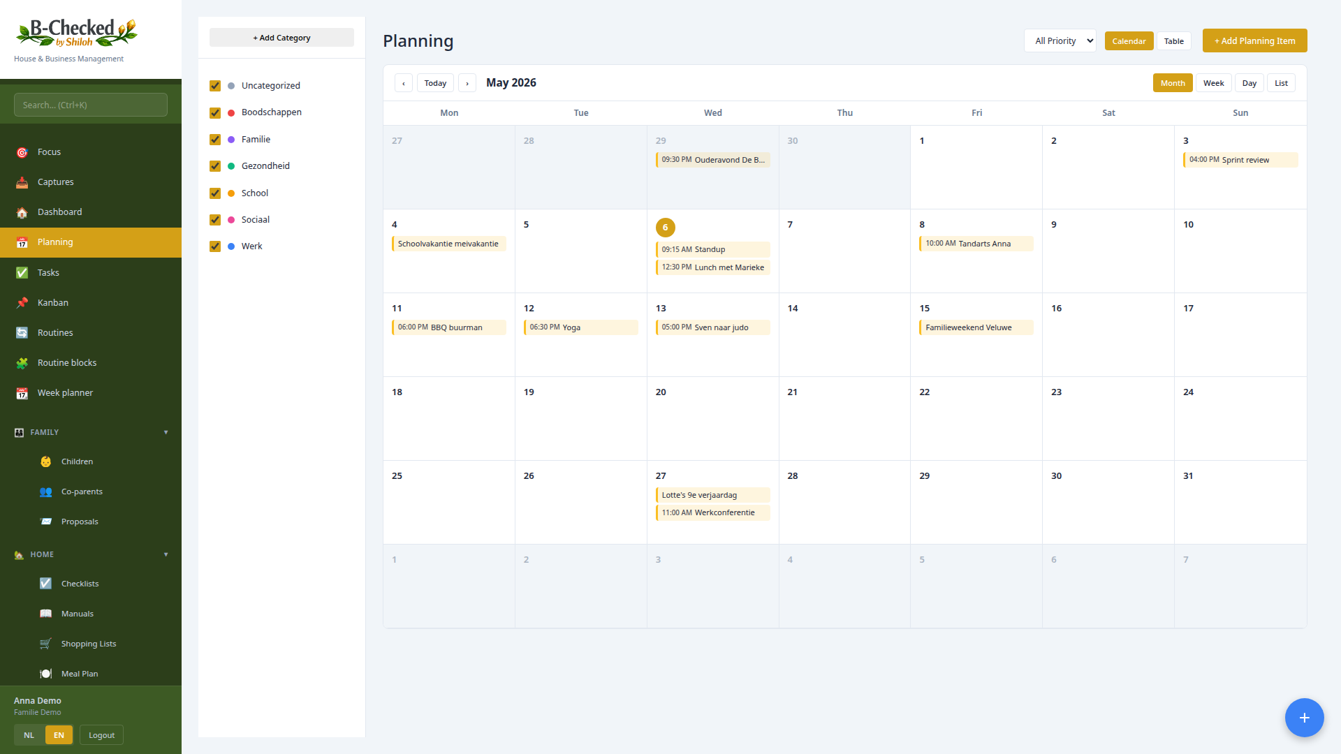 Planning — agenda items with start and end time