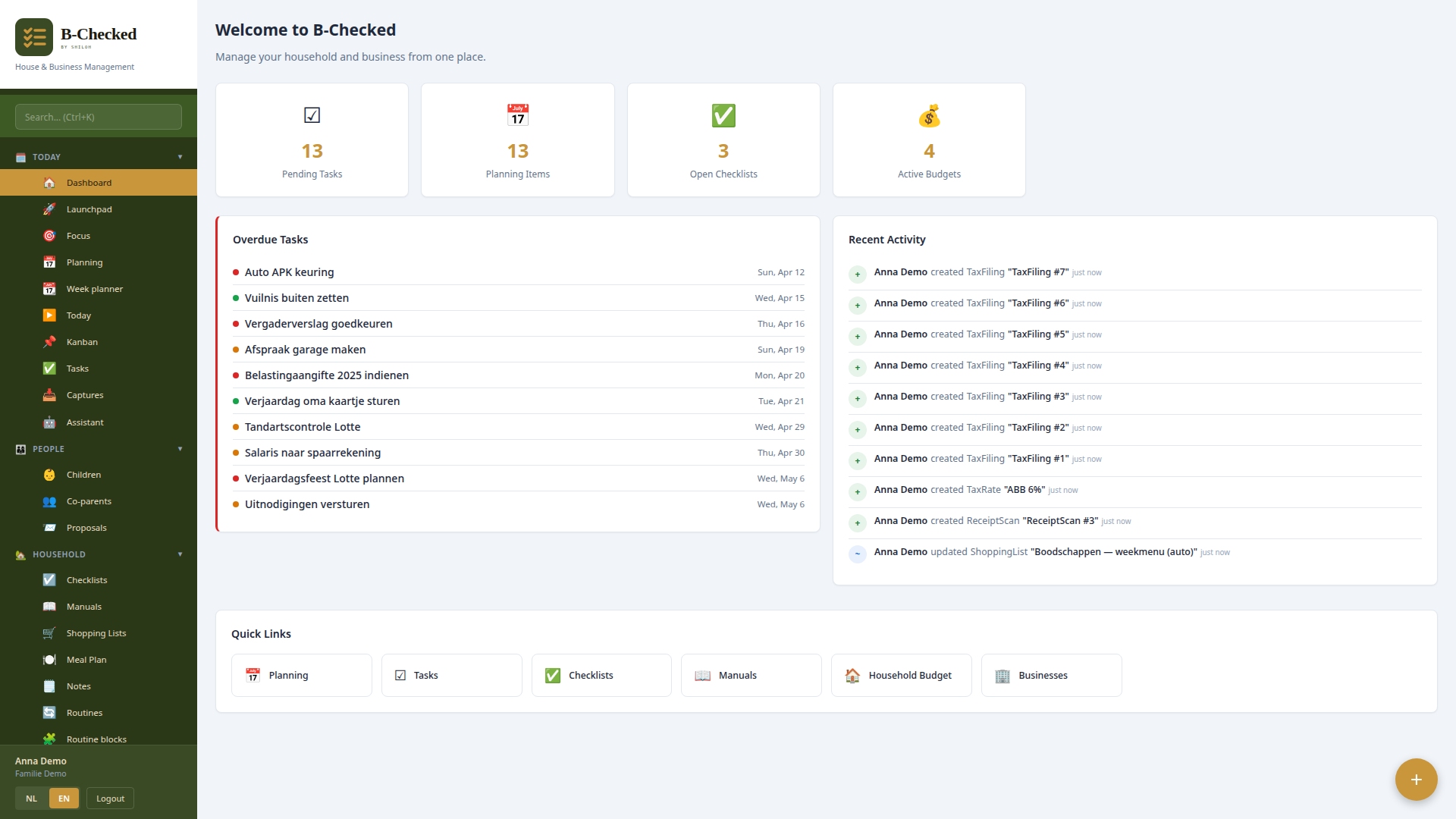 Dashboard met overzicht van planning, taken en routines