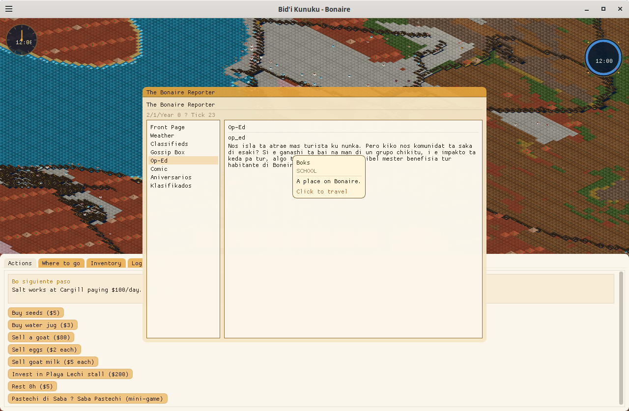 The Bonaire Reporter — in-game krant met Front Page, Weather, Classifieds, Gossip Box, Op-Ed, Comic en meer