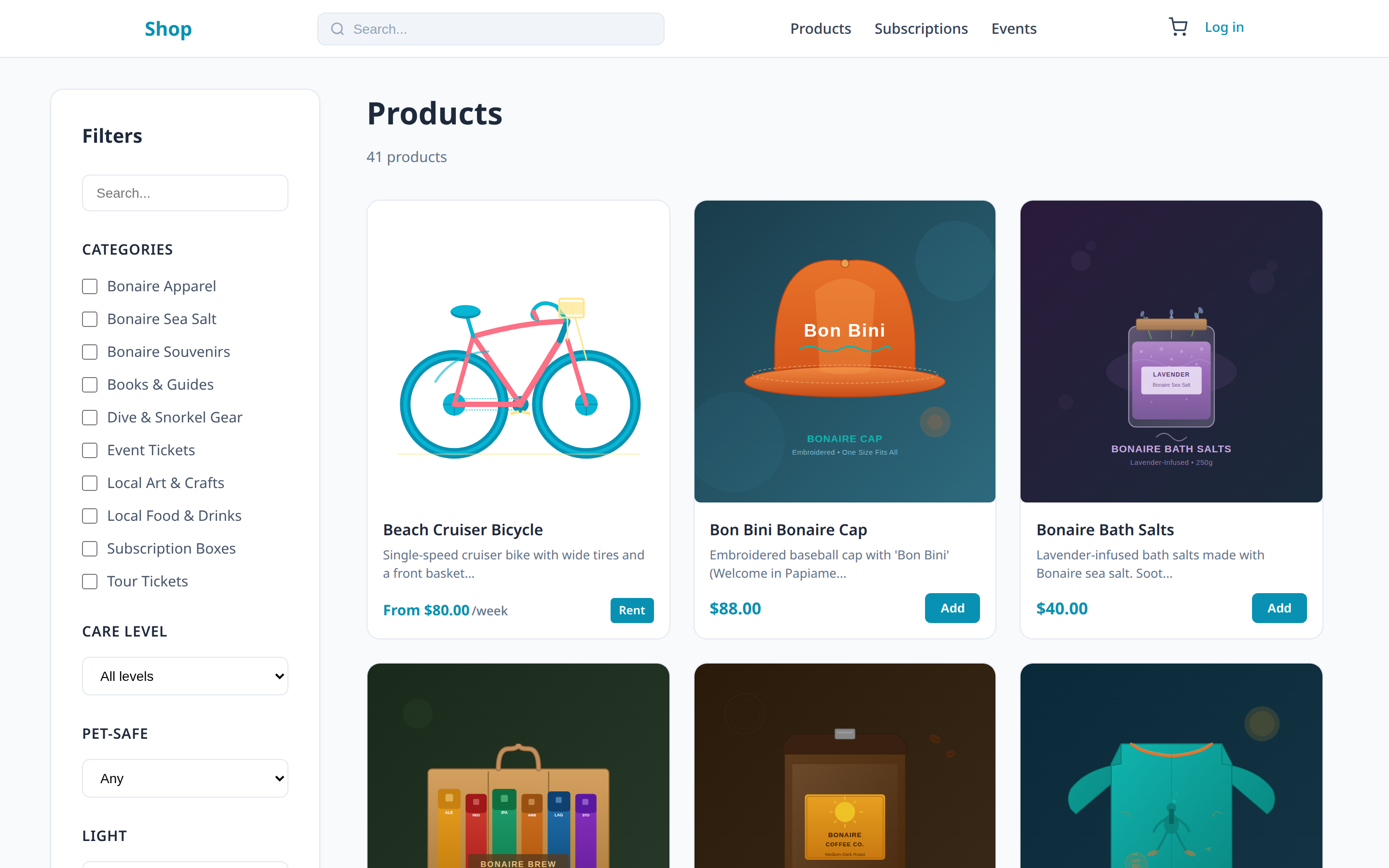 Product overview with filters per category