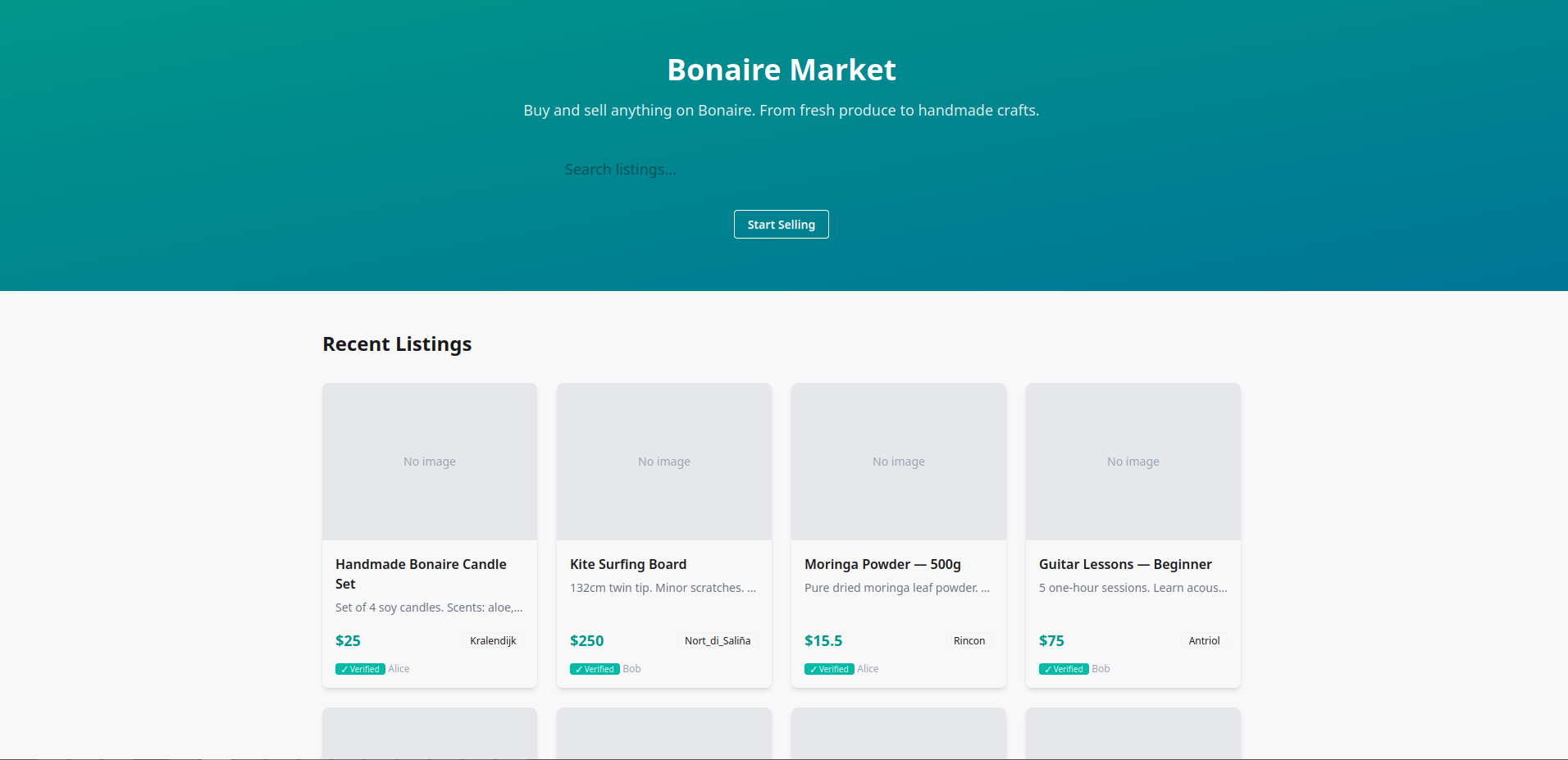 Bonaire Market homepage — search bar, Start Selling, and recent listings