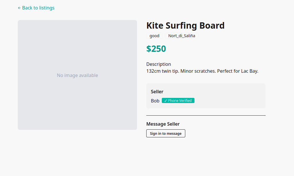 Listing detail — Kite Surfing Board with price, description, seller and messaging